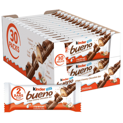 Kinder Bueno, Bulk 30 Pack, Milk Chocolate and Hazelnut Cream, Stocking Stuffers
